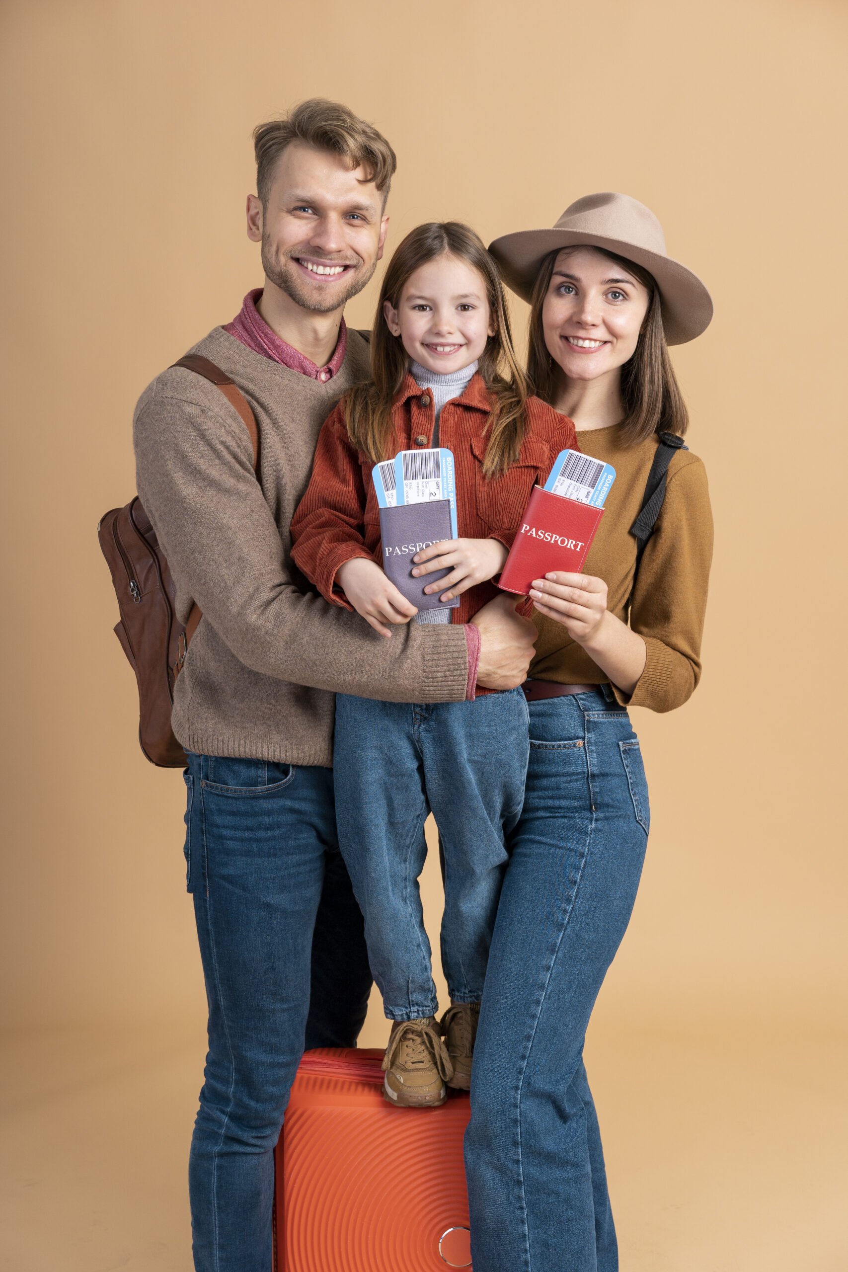 family three ready traveling with passport plane tickets scaled