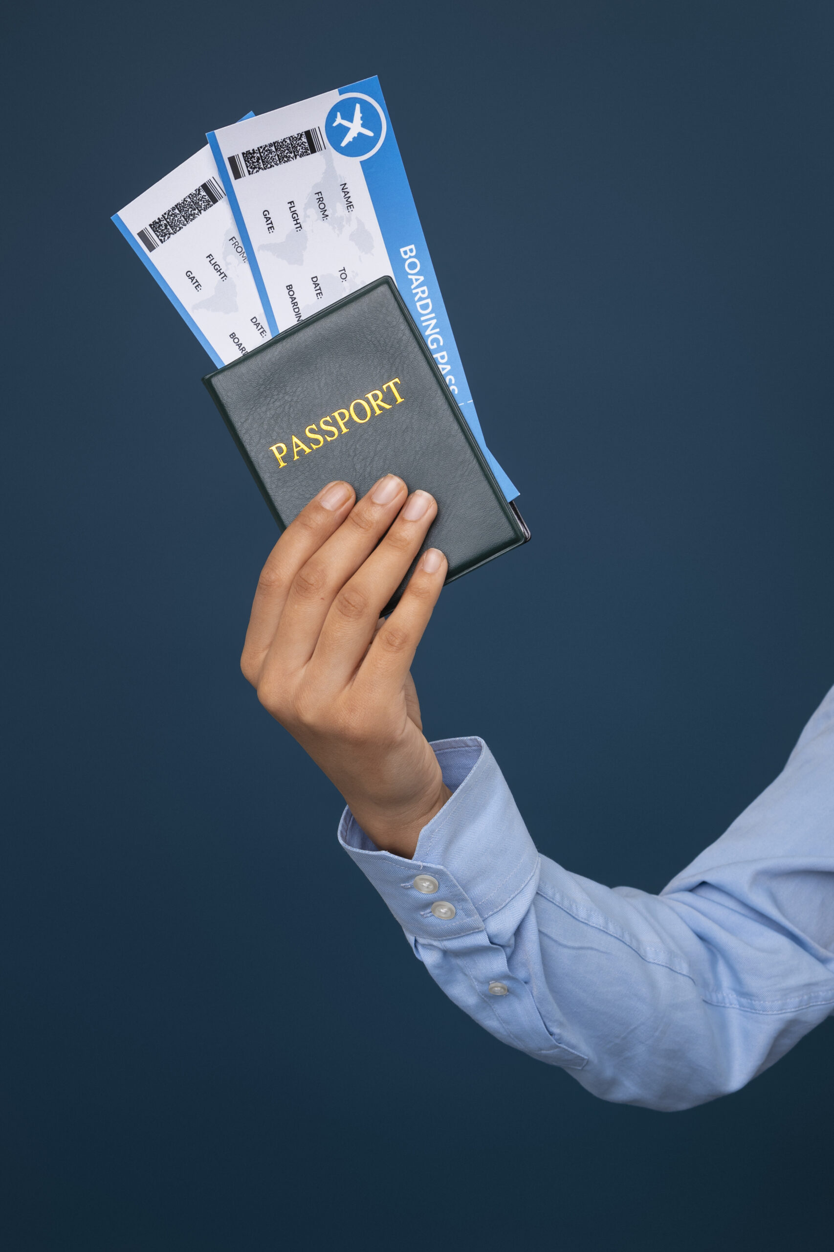 front view female flight attendant holding tickets scaled